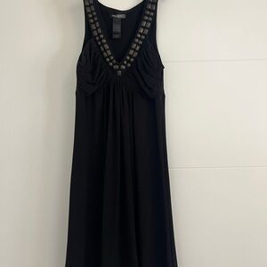 Bisou Bisou Black Midi Dress with Embellished V-Neck